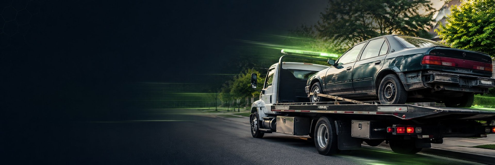 White tow truck carrying a dark sedan on a highway at night with green motion lines