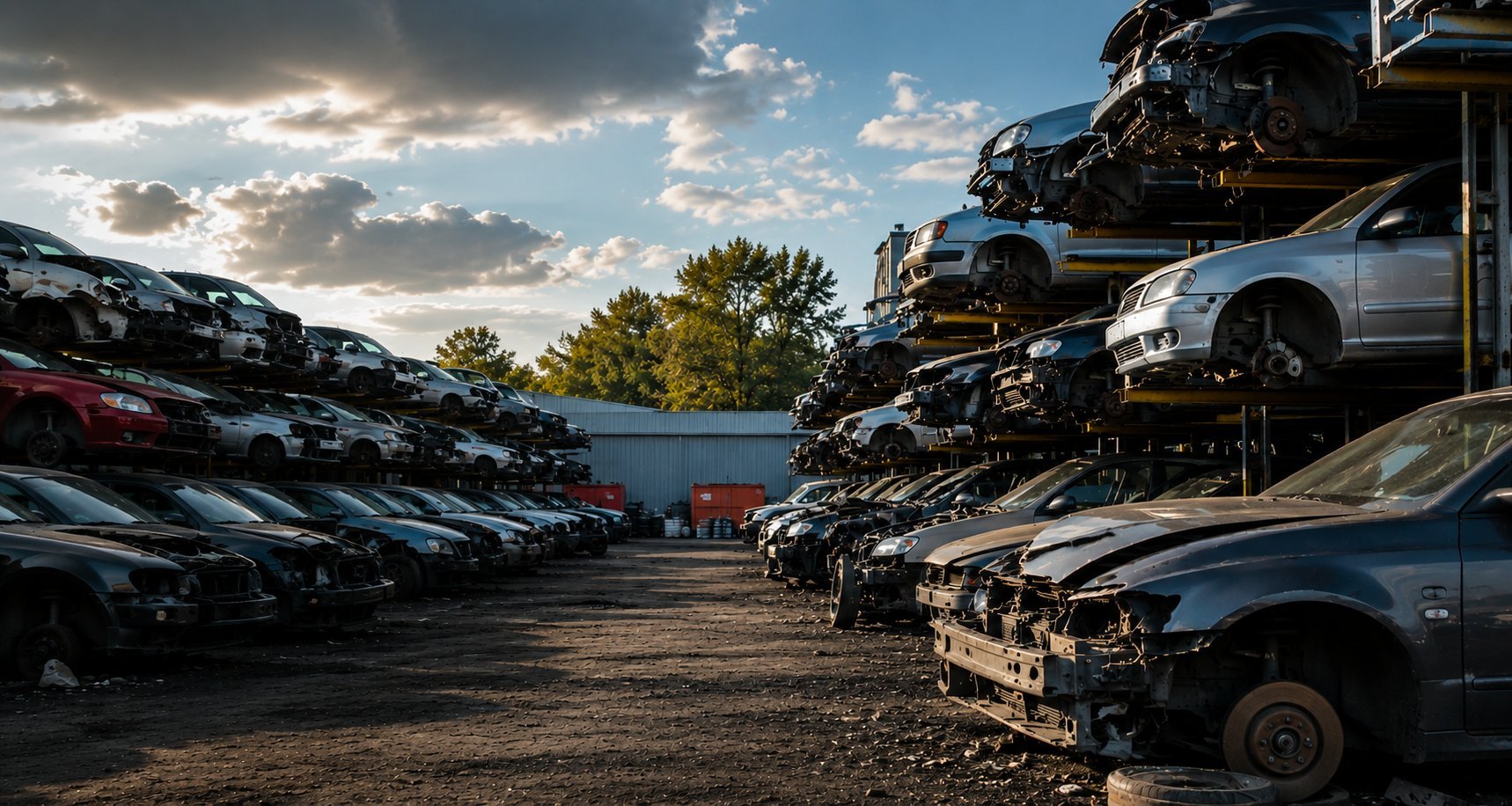 Car salvage yard with stacked and crushed vehicles under a blue sky with clouds