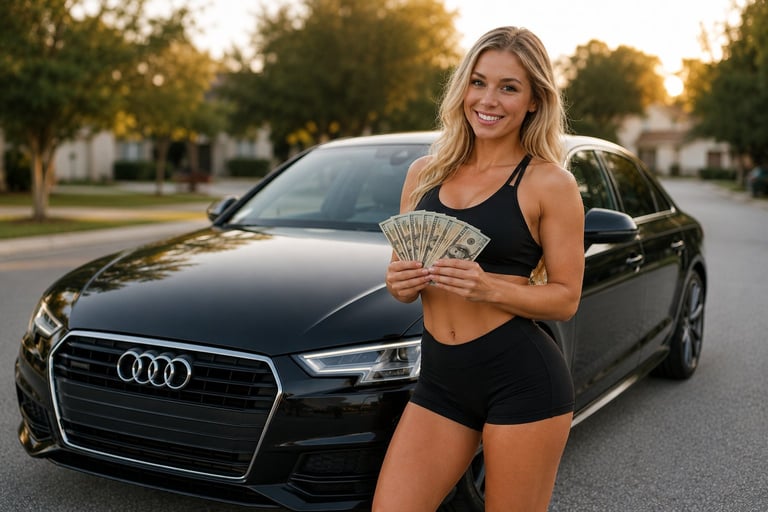 Woman in black fitness attire holding cash standing in front of a black Audi car on a residential street