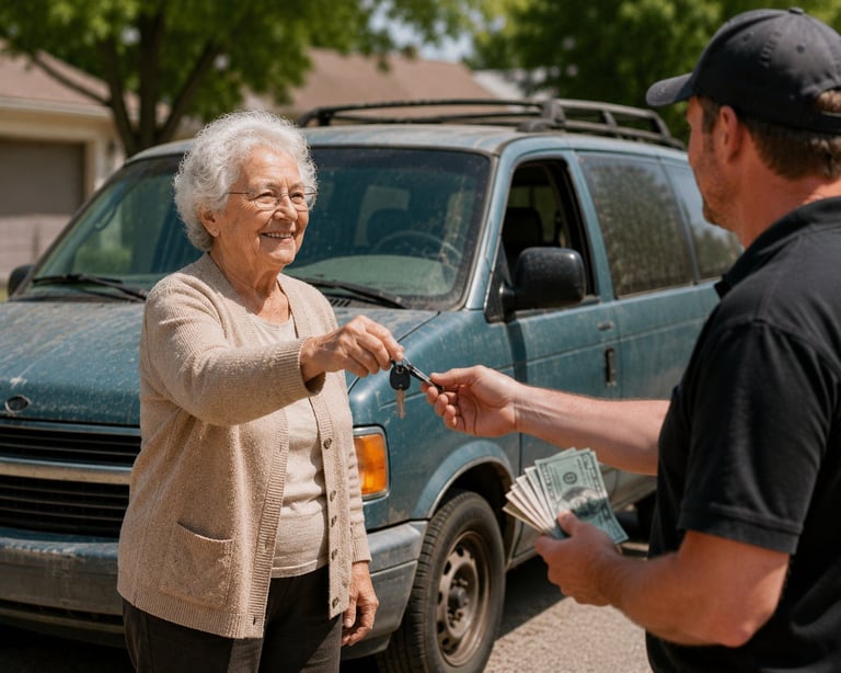 Senior woman handing over car keys to a man in front of a blue van in a driveway