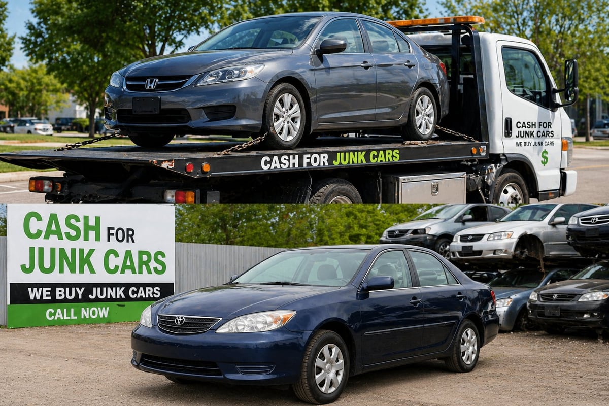 Cash for junk cars business with tow truck carrying a Honda sedan and yard full of used vehicles